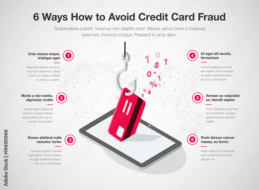 Poster simple vector infographic for 6 ways how to avoid credit card fraud template isolated on light backg