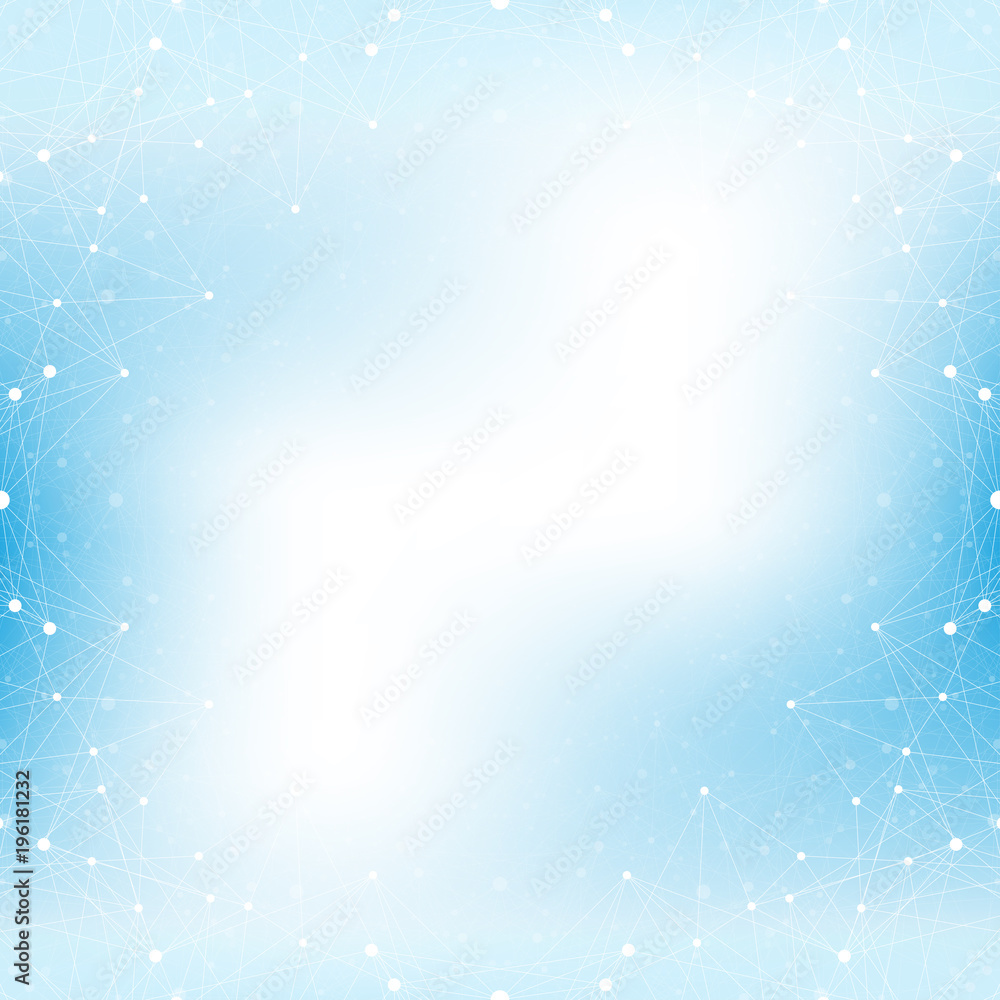 Poster Graphic abstract background communication. Geometric scientific pattern with compounds. Minimal array lines and dots. Lines plexus. Digital data visualization. Scientific illustration.