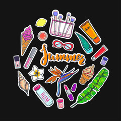 Fashion vector stickers, patches, pins. Summer collection of make up and cosmetics tools. Cartoon style