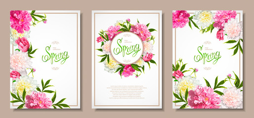 Set of three floral backgrounds with blooming pink and light yellow peonies, buds, green leaves. Inscription Spring. Template for card, banner on 8 March, Mothers Day, Birthday, Sale, Wedding - 196181634