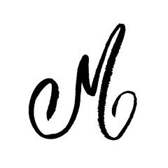 Letter M. Handwritten by dry brush. Rough strokes textured font. Vector illustration. Grunge style elegant alphabet.