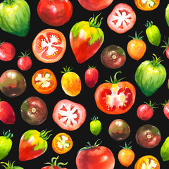 Vegetables watercolor set. Seamless pattern. Fresh organic food. Set of different kinds of tomatoes: green, orange and red colors. Simple painting sketch.