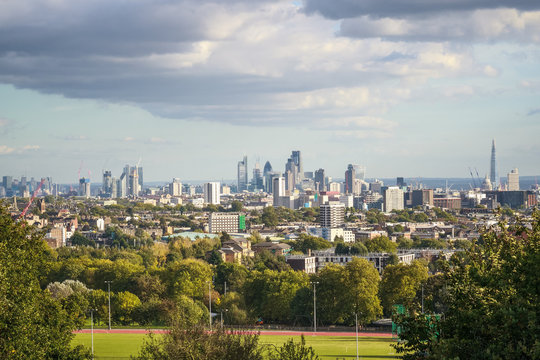 View towards London city skyline from Parliament Hill in Hampstead Heath