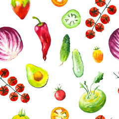 Watercolor illustration with composition of farm grown illustrations. Seamless pattern on white background. Vegetables set: potatoes, turnips, tomato, cucumber, root, onion. Fresh organic food.