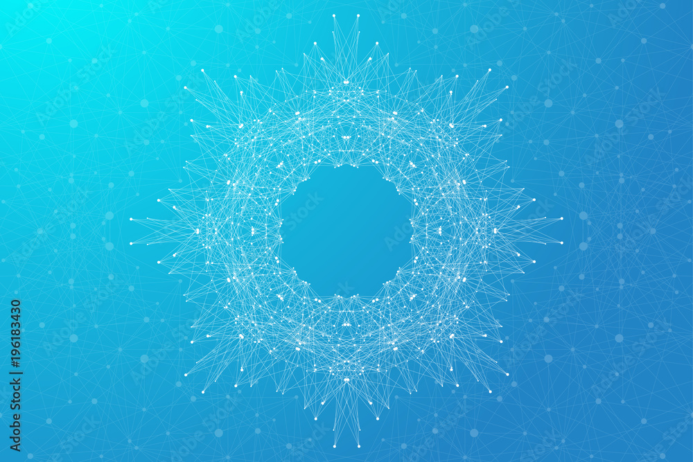 Poster geometric abstract with connected line and dots, radial graphics. minimalism chaotic background visu