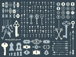 Vector illustration with design illustrations for decoration. Big silhouettes set of keys, locks, arrows, illustrations on dark blue background. Vintage style.