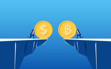 Concept of virtual business digital Bitcoin cryptocurrency. Business people holds golden Bitcoin and dollar coin to exchange on cliff.