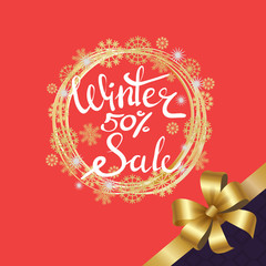Fototapeta na wymiar Winter Sale Poster in Frame Made of Snowflakes