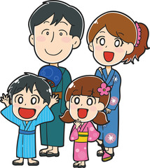浴衣を着たファミリーのイラスト（見上げる）