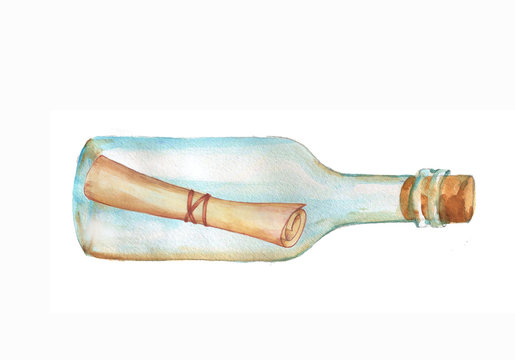 Hand drawn watercolor illustration with  message in the bottle. Marine drawing, text template for the card, banner.