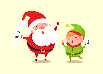 Obraz na płótnie Canvas Santa Elf Cartoon Characters Singing Carol Songs