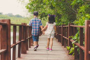 sister and brother hand in hand walking together in Wood bridge