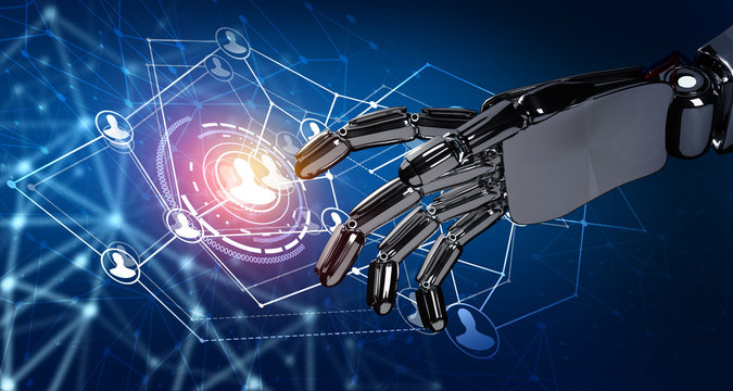 Human hand point in the center of social network icons. 3d rendering.