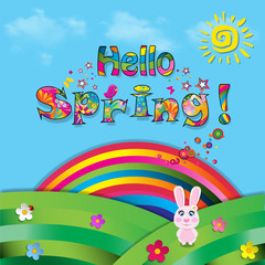 Hello spring cartoon  illustration of cute rabbit on beautiful field