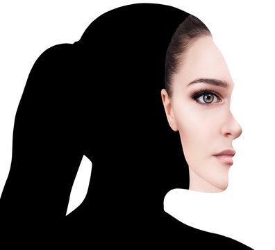 Fototapeta Surrealistic portrait front with cut out profile of woman.
