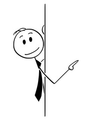 Cartoon stick man drawing conceptual illustration of businessman peeping from behind wall and pointing. Usable as empty sign.