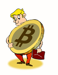 Mann hat am Bitcoin schwer zu tragen, Cartoon