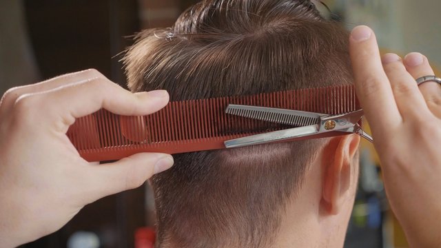 Close-up of barber cuts the hair by scissors at barbershop.