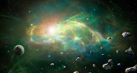 Space scene. Colorful fractal nebula with planet and asteroids. Elements furnished by NASA. 3D rendering