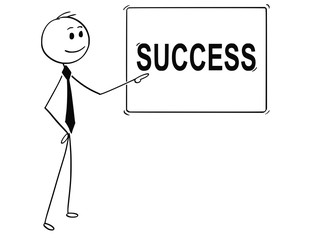 Cartoon stick man drawing conceptual illustration of businessman pointing at sign with success text.
