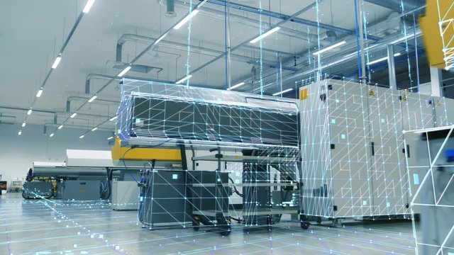 The Concept of: Digitalization of Information Flow Moving Through the High-Tech Modern Electronics Manufacturing Factory Full of Computerized Automatic Machinery. 