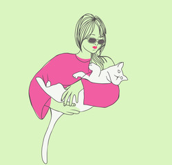 Sketch young beautiful woman with cat.