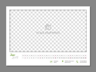 Practical wall planner, june 2019 year, flat. Useful calendar for taking every day notes with copyspace. Vector illustration