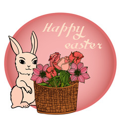 Easter vector illustration with eggs, rose  flowers and bunnies. Excellent for the design of postcards, posters, stickers and so on.