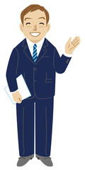 ビジネスマン　全身　ファイル　にこやか　案内