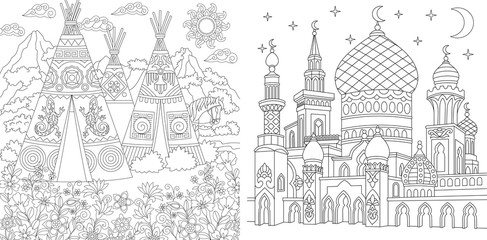 Coloring Page. Adult Coloring Book. Native North American wigwam village. Boho tribal culture. Turkish mosque with crescent moons. Islamic arabic asian style. Antistress freehand sketch collection.