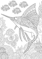 Naklejka premium Coloring page for adult colouring book. Underwater background with sailfish, jellyfish, tropical fishes and ocean plants. Antistress freehand sketch drawing with doodle and zentangle elements.