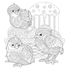 Chicks around basket with Easter eggs and Easter cake. Coloring Page for adult colouring book. Antistress freehand sketch drawing with doodle and zentangle elements.