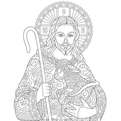 Jesus Christ and newborn Baby Sheep. Portrait of christian biblical character. Coloring Page for adult colouring book. Antistress freehand sketch drawing with doodle and zentangle elements.