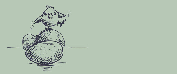 pasen horizontale banner met kuiken dat balanceert op eieren  © emieldelange