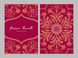 Greeting card golden ethnic patterns on red background