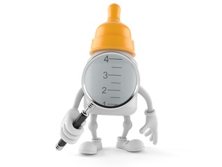 Baby bottle character looking through magnifying glass