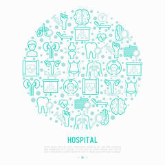 Fototapeta na wymiar Hospital concept in circle with thin line icons for doctor's notation: neurologist, gastroenterologist, manual therapy, ophtalmologist, cardiology, allergist, dermatologist. Vector illustration.