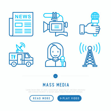 Mass media thin line icons set: newspaper, article, blog, report, radio, internet, interview, video, journalist. Modern vector illustration, web page template.