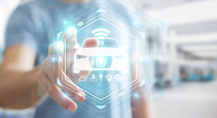 Businessman using modern smart car interface 3D rendering