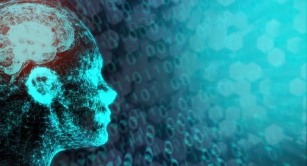 3D Rendering Of Abstract Network Connection Mesh Of Human Head With Brain On Binary Code