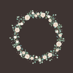 White Rose flowers and silver dollar Eucalyptus garland, elegant round wreath. Greeting, wedding invite template. Round frame border