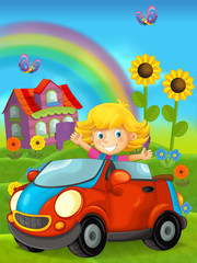 cartoon scene with child in toy car on on the farm - illustration for children