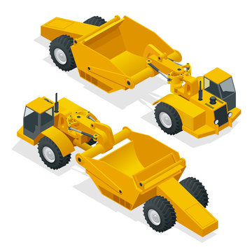 Isometric Wheel tractor-scraper. Wheel tractor-scraper, heavy equipment used for earthmoving. scraper a conveyor belt moves material from the cutting edge into the hopper.