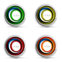 Set of digital techno spheres - web banners, buttons or icons with text. Glossy swirl color abstract circle design, hi-tech futuristic symbols with color rings and grey metallic element