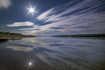 Clouds reflecting in the water under moonlight