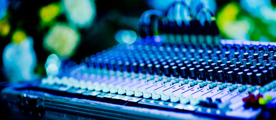 sound check for concert. Mixer control. Music engineer. Backstage 