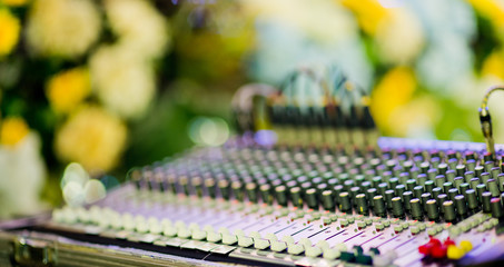 sound check for concert. Mixer control. Music engineer. Backstage 