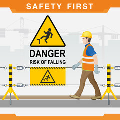 Safety at the construction site. Safety first. Danger. Risk of falling. Vector illustration