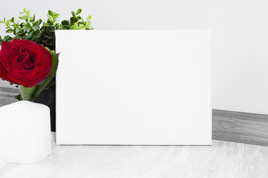 Mock up poster  with red rose. Blank canvas template. White interior on background.