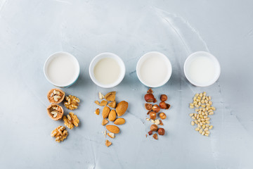 Assortment of organic vegan non diary milk from nuts